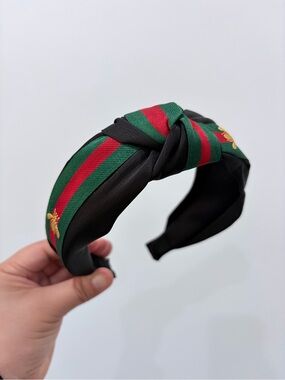 Black Headband with Green and Red Stripe Accent